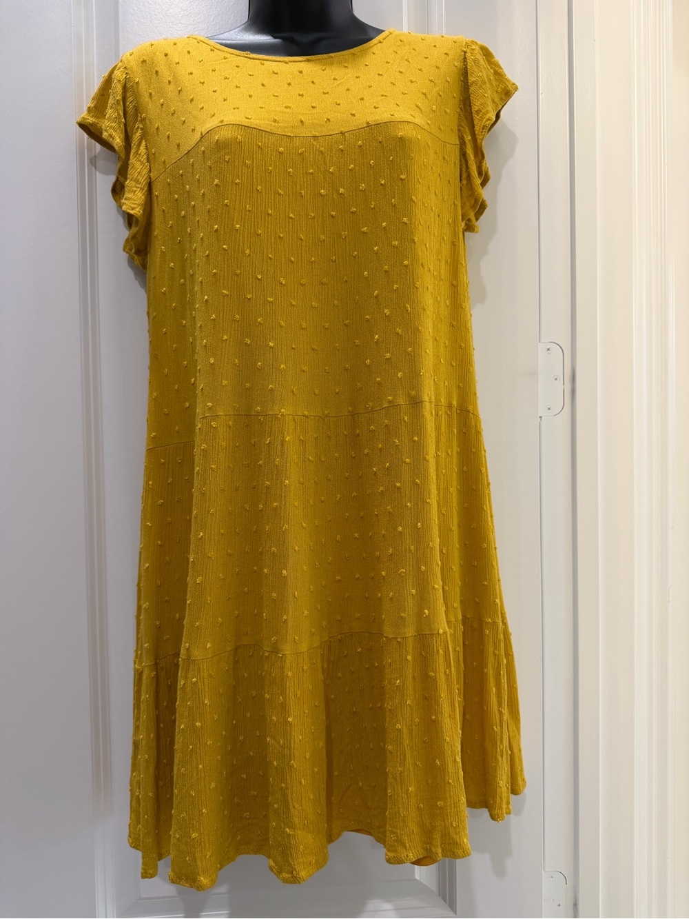 Peach Love California Mustard Swiss Dot Tiered Boho Dress S